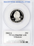 2003-S Arkansas Statehood Quarter certified by PCGS at Proof 69 Deep Cameo Obverse