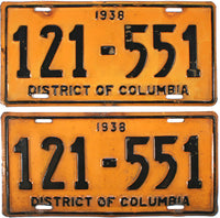 A pair of antique 1938 District of Columbia passenger automobile license plates for sale by Brandywine General Store in very good condition