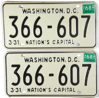 A pair of classic 1968 District of Columbia passenger car license plates for sale by Brandywine General Store in excellent condition