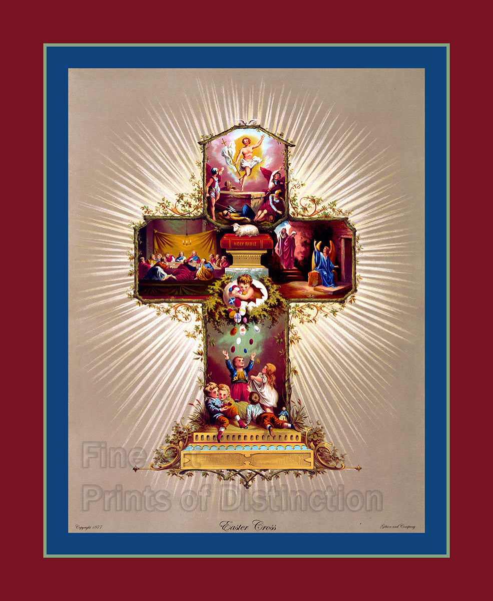 An archival premium Quality Art Print of an Easter Cross with Eggs and Religious Scenes
