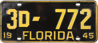 An antique 1945 Florida Car license plate for sale by Brandywine General Store in very good plus condition