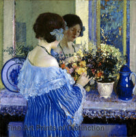 An archival premium Quality Art Print of a Girl in Blue Arranging Flowers by Frederic Carl Frieseke