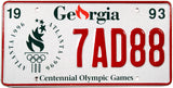 A 1993 Georgia Car license plate that was issued in commemoration of the Centennial Olympic Games that were to be held in Atlanta in 1996 for sale by Brandywine General Store in near mint condition