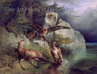 Art print of Eagles and Dying Deer on the Lakeshore by Friedrich Gauermann