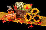 art print of a Halloween Landscape with Pumpkins, Sunflowers and Red Leaves