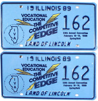 A pair of 1989 Illinois Special Event car license plates issued for the Vocational Education programs convention in Springfield, IL for sale by Brandywine General Store