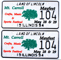 A special even license plates issued by the Illinois Department of Motor Vehicles in 1994 for the Mt. Carroll Mayfest for sale by Brandywine General Store in near mint condition