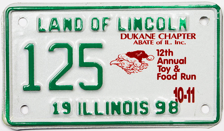 1998 Illinois Dukane Toy Run Motorcycle License Plate for sale by Brandywine General Store in excellent minus condition