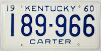 A classic 1960 NOS Kentucky passenger car license plate for sale by Brandywine General Store from Carter county