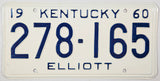 A classic 1960 NOS Kentucky passenger car license plate for sale by Brandywine General Store from Elliott county