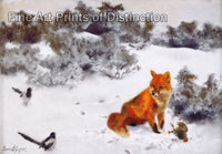 Art Print of Fox with Birds in a Winter Landscape painted by Swedish Wildlife Artist Liljefors