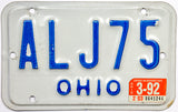 1992 Ohio Motorcycle License Plate in excellent minus condition