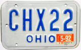 A 1992 Ohio motorcycle license plate for sale by Brandywine General Store in excellent condition