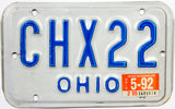 A 1992 Ohio motorcycle license plate for sale by Brandywine General Store in excellent condition