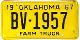 A NOS 1967 Oklahoma farm truck license plate for sale by Brandywine General Store in excellent condition