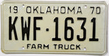 A NOS 1970 Oklahoma farm truck license plate for sale by Brandywine General Store in excellent plus condition