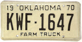 A NOS 1970 Oklahoma farm truck license plate for sale by Brandywine General Store in excellent minus condition