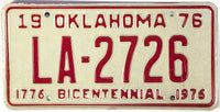 An Oklahoma license plate commemorating the Bicentennial of the United States in 1976 for sale by Brandywine General Store in excellent plus condition