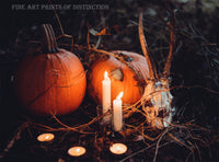 Halloween Scary Scene with Antelope Skull, Pumpkins and Candles Art Print