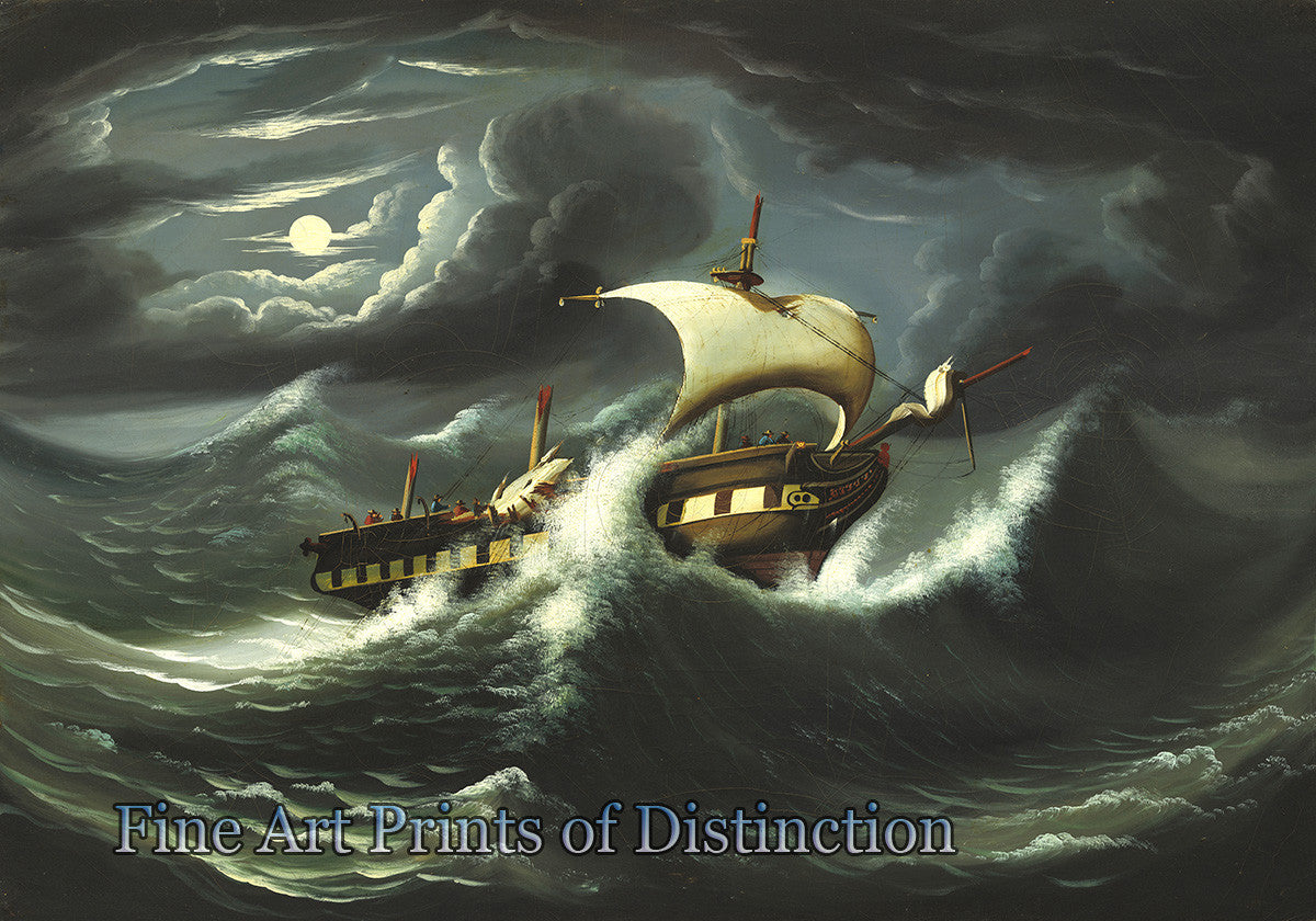 An archival premium Quality Folk Art Print of a Storm Tossed Frigate by Thomas Chambers