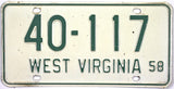 1958 West Virginia License Plate in very good plus condition