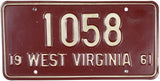 1961 West Virginia Aluminum License Plate DMV 4 digit 1058