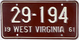 1961 West Virginia Aluminum License Plate in Excellent condition