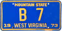1973 West Virginia Truck License Plate DMV #B-7