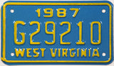 A 1987 West Virginia NOS motorcycle license plate