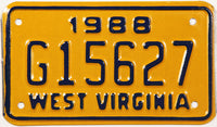 A classic NOS 1988 West Virginia motorcycle license plate