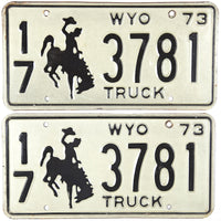 A pair of classic 1973 Wyoming Truck License Plate for sale by Brandywine General Store in excellent minus