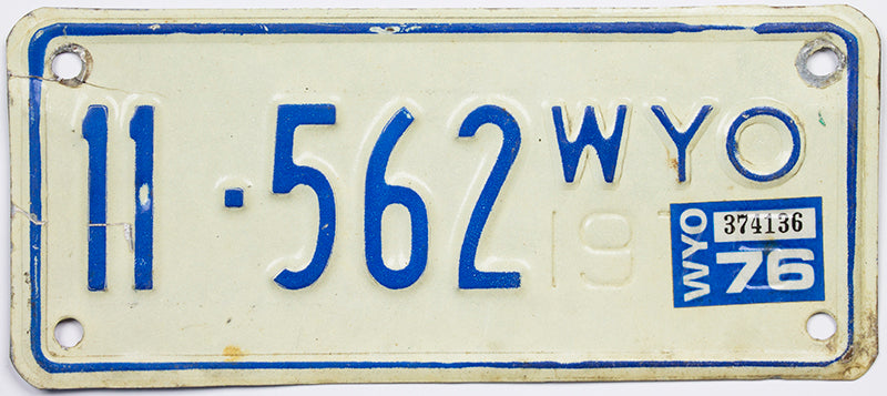 1976 Wyoming Motorcycle License Plate in very good condition with some bends